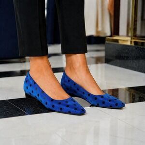 Perry Ellis America Vintage 80s Blue Suede Polka Dot Almond Toe Low Wedge Flats